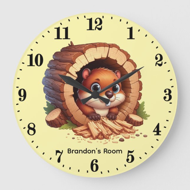 Cute baby beaver unisex add name  large clock (Front)