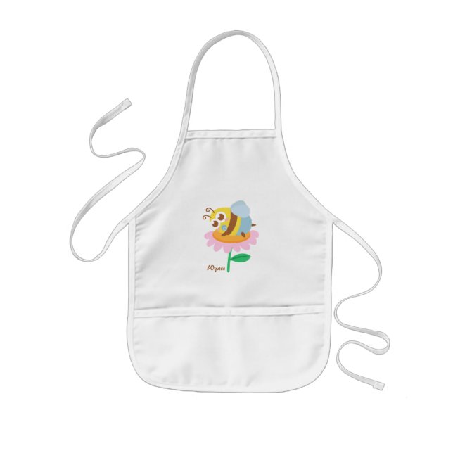 Cute baby bee resting on a pink flower kids apron (Front)