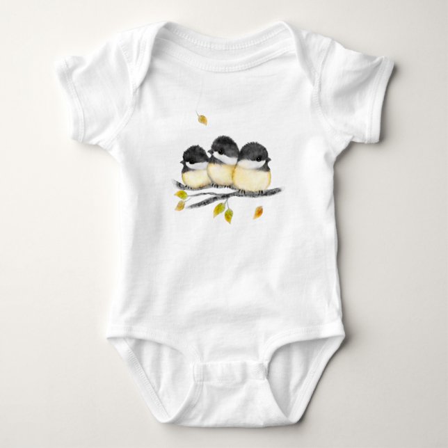 Cute Baby Bird 3 Chickadees on Tree Branch Baby Bodysuit (Front)
