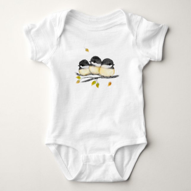 Cute Baby Bird 3 Chickadees on Tree Branch Bodysuit (Front)