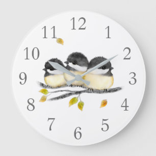 Cute Baby Bird 3 Chickadees on Tree Branch Large Clock