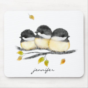 Cute Baby Bird 3 Chickadees on Tree Branch Mouse Pad