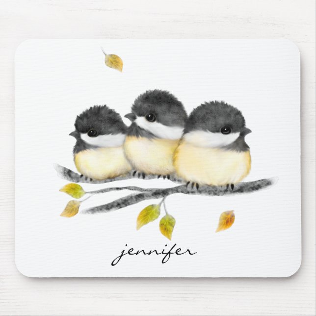 Cute Baby Bird 3 Chickadees on Tree Branch Mouse Pad (Front)