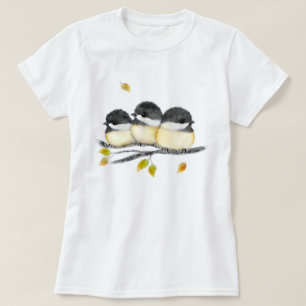 Cute Baby Bird 3 Chickadees on Tree Branch T-Shirt