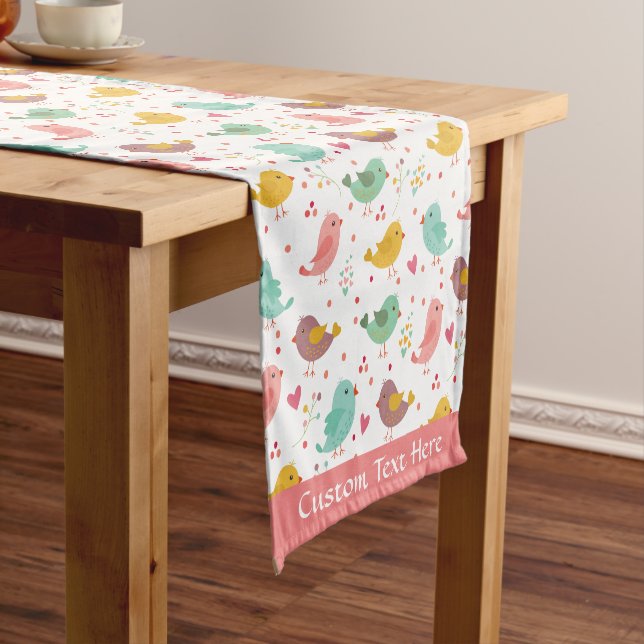 Cute Baby Bird Heart Pink Teal Purple Personalised Short Table Runner (In Situ)