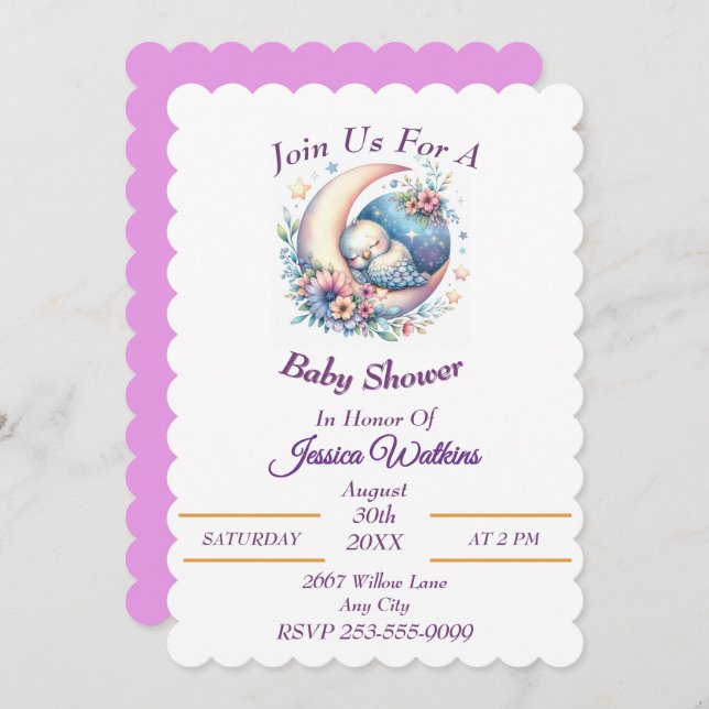 Cute Baby Bird Sleeping on a Half Moon Invitation (Front/Back)