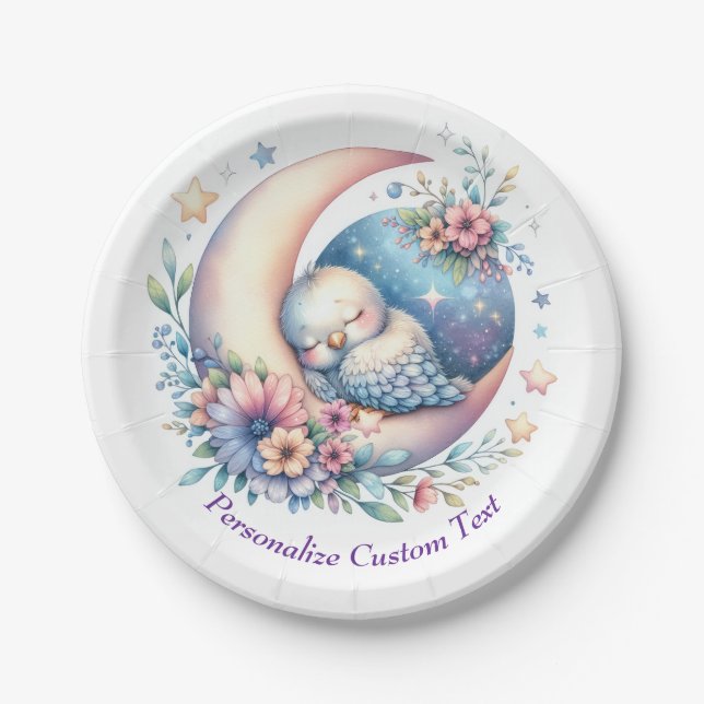 Cute Baby Bird Sleeping on the Moon Paper Plate (Front)