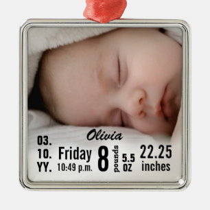 Cute Baby Birth Stats Birth Record Christmas Photo Metal Ornament