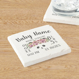 Cute Baby Birth Stats Floral Panda Stone Coaster