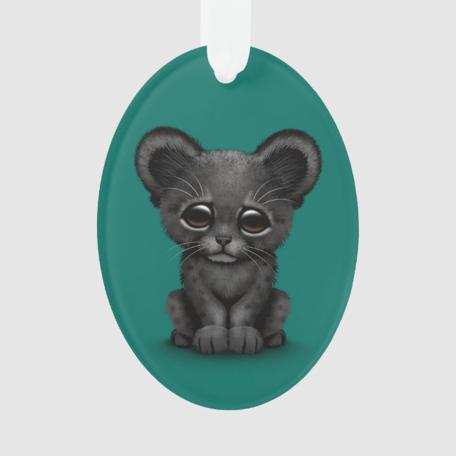 Cute Baby Black Panther Cub on Teal Blue Ornament (Front)