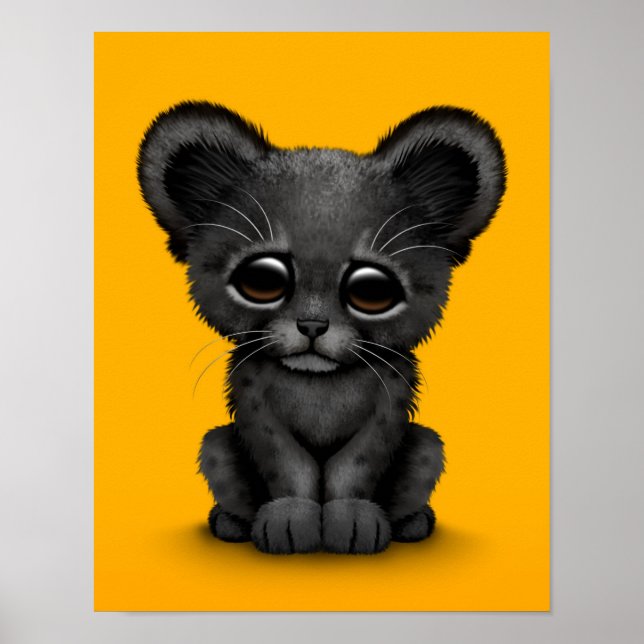 Cute Baby Black Panther Cub on Yellow Poster (Front)
