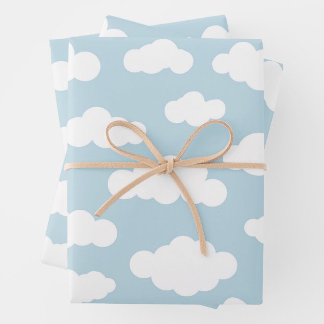 Cute Baby Blue and White Pastel Clouds  Wrapping Paper Sheet (In situ)