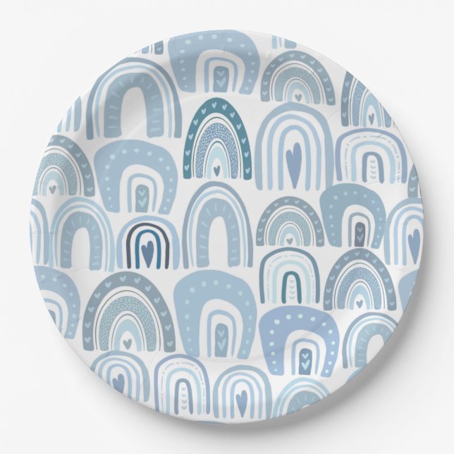 Cute Baby Blue Boho Rainbow Pattern Paper Plate (Front)