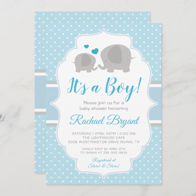 Cute Baby Blue Boy Elephant Baby Shower Invitation (Front/Back)