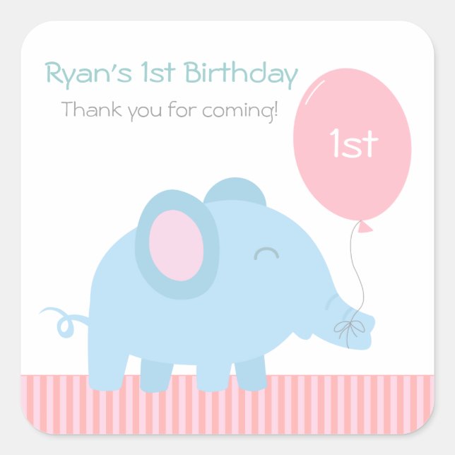 Cute baby blue elephant with a pink balloon square sticker (Front)