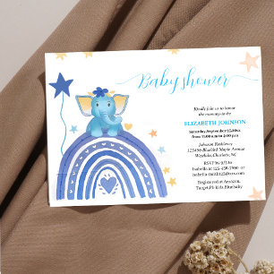 cute baby blue elephant with rainbow baby shower i invitation