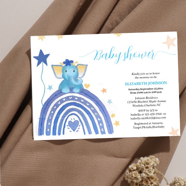 cute baby blue elephant with rainbow baby shower i invitation (Creator Uploaded)