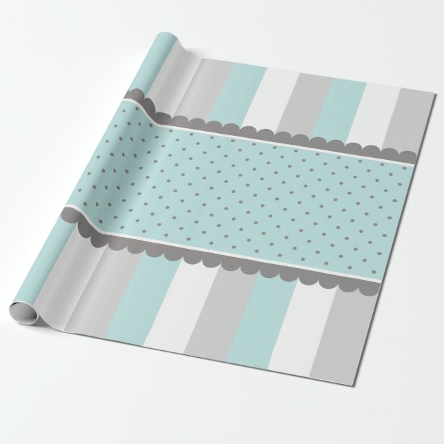 Cute Baby Blue & Grey Stripes and Polka Dots Wrapping Paper (Unrolled)