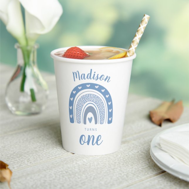 Cute Baby Blue Rainbow Boho First Birthday Paper Cups (Insitu)
