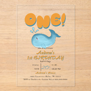 Cute Baby Blue Whale 1st Birthday Acrylic Invitations
