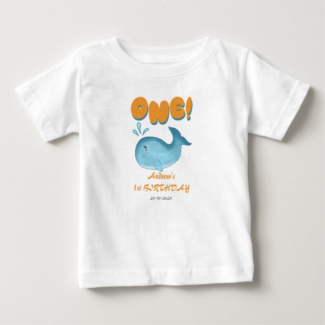 Cute Baby Blue Whale 1st Birthday Baby T-Shirt (Front)