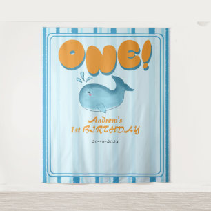 Cute Baby Blue Whale 1st Birthday Backdrop Tapestry