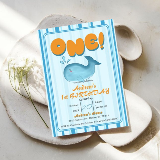 Cute Baby Blue Whale 1st Birthday Invitation (Creator Uploaded)