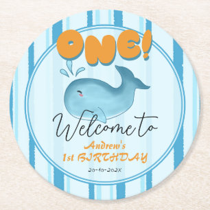 Cute Baby Blue Whale 1st Birthday Round Paper Coaster