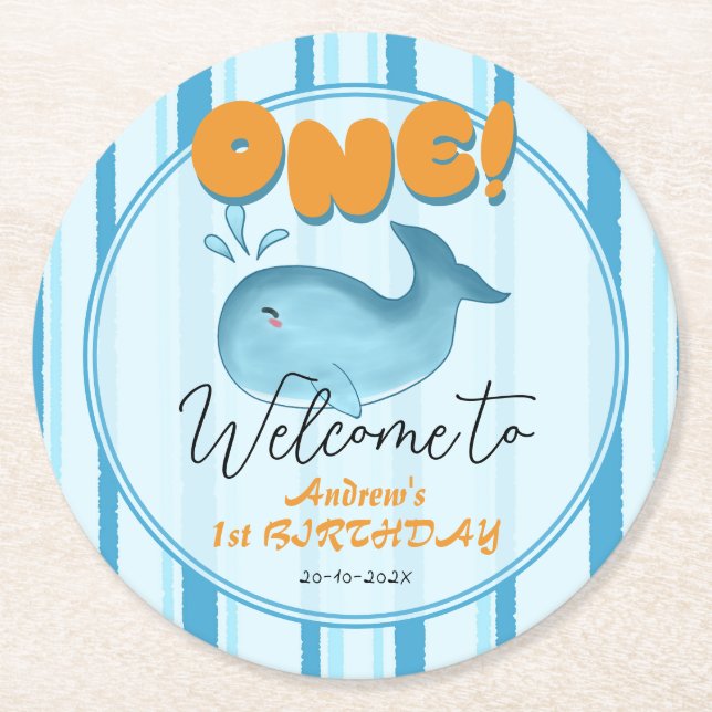 Cute Baby Blue Whale 1st Birthday Round Paper Coaster (Front)