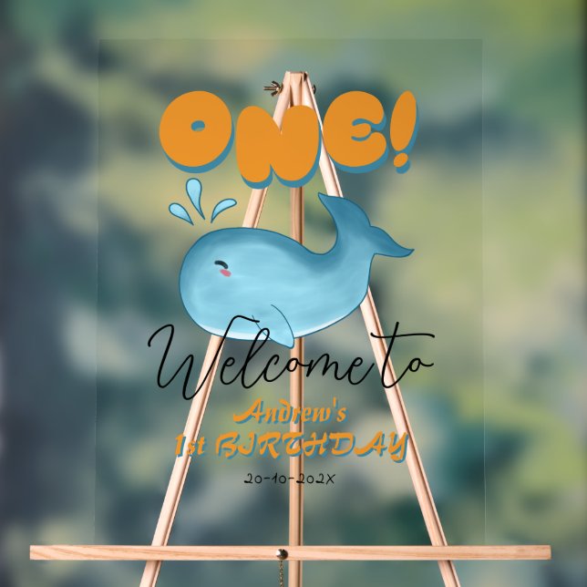 Cute Baby Blue Whale 1st Birthday Welcome Acrylic Sign (Neutral)