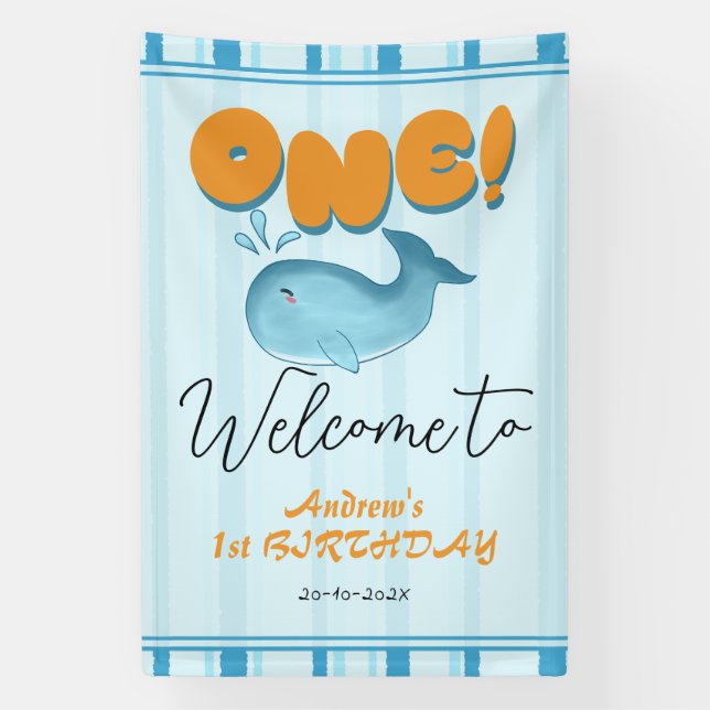 Cute Baby Blue Whale 1st Birthday Welcome Banner (Vertical)