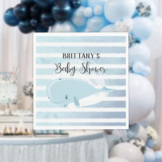 Cute Baby Blue Whale Striped Baby Shower Napkin (Creator Uploaded)