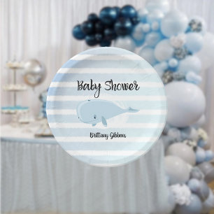 Cute Baby Blue Whale Striped Baby Shower Paper Plate