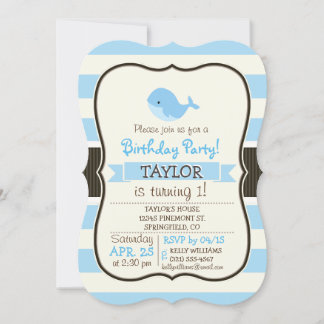 Cute Baby Blue Whale; Stripes Invitation