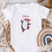 Cute Baby Bodysuit With An Ice Skating Penguin