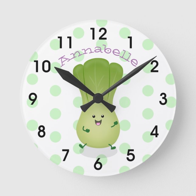 Cute baby bok choy cartoon illustration round clock (Front)