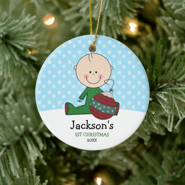 Cute Baby Boy 1st Christmas Personalised Ceramic Ornament (Tree)