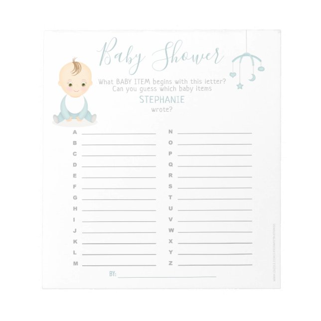 Cute Baby Boy and his Mobile Baby Shower Game Notepad (Front)