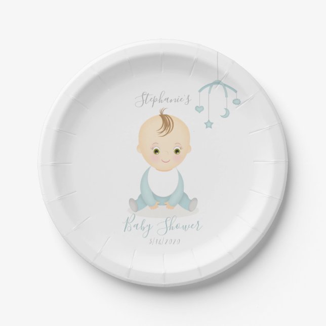 Cute Baby Boy and his Mobile Baby Shower Paper Plate (Front)