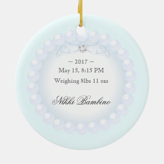 Cute Baby Boy Birth Announcement Pearls Ceramic Ornament (Back)