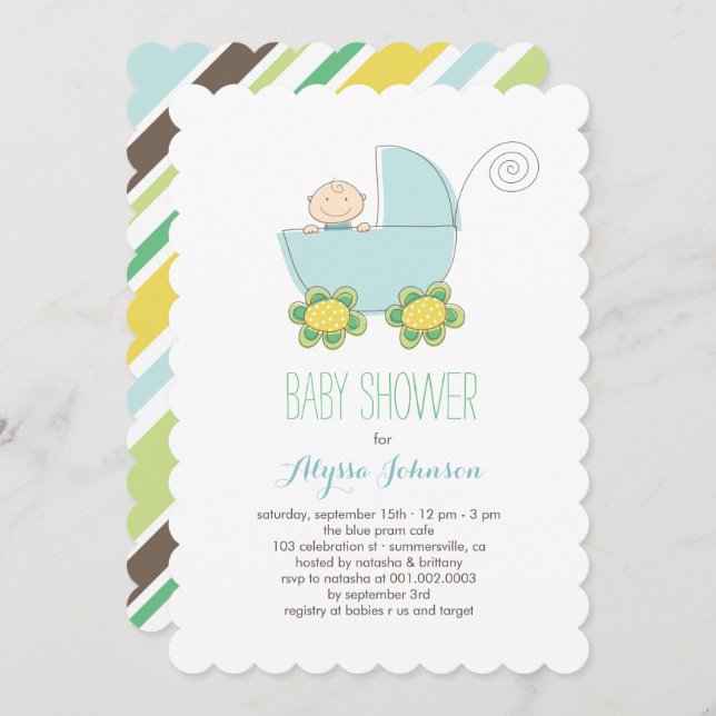 Cute Baby Boy Blue Pram Baby Shower Invite (Front/Back)