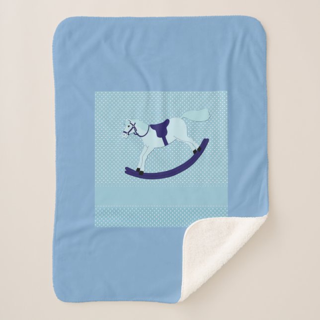 Cute Baby Boy Blue Rocking Horse Sherpa Blanket (Front)