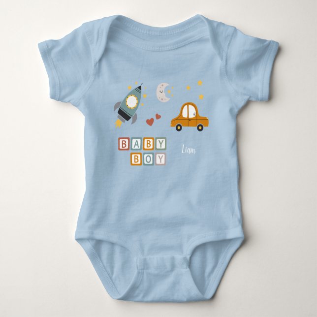 Cute Baby Boy Car and Rocket Ship Toys with Name Baby Bodysuit (Front)