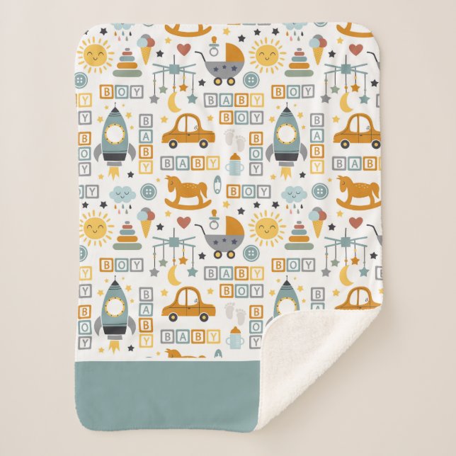 Cute Baby Boy Car and Toy Pattern with Name Sherpa Blanket (Front)