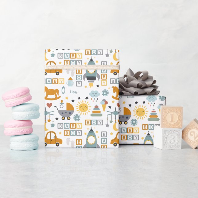 Cute Baby Boy Car and Toy Pattern with Name Wrapping Paper (Baby Shower)