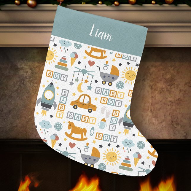 Cute Baby Boy Car Toy Pattern with Name Large Christmas Stocking (Creator Uploaded)