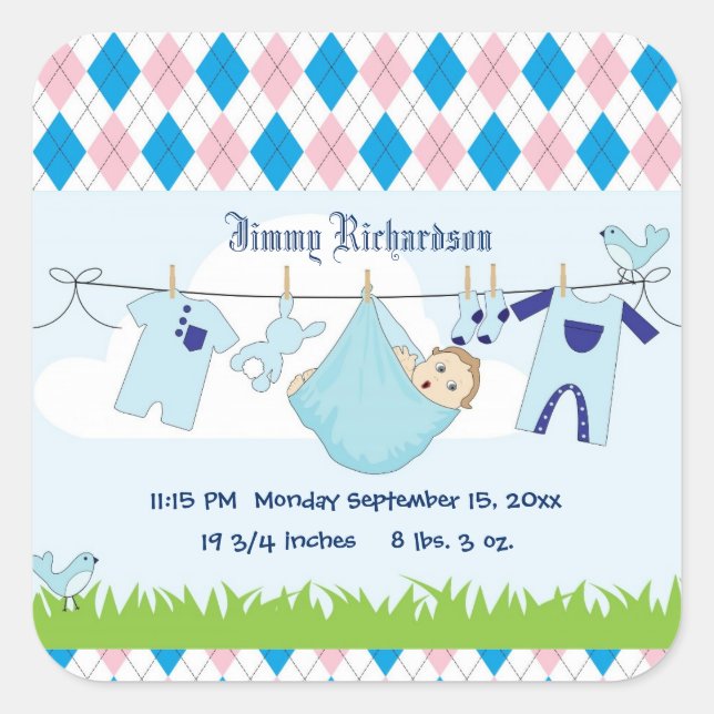 Cute Baby Boy Clothes Line Square Sticker (Front)
