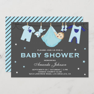 Cute Baby Boy Clothesline Baby Shower Invitation