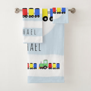 Cute Baby Boy Colourful Locomotive Train & Name Bath Towel Set