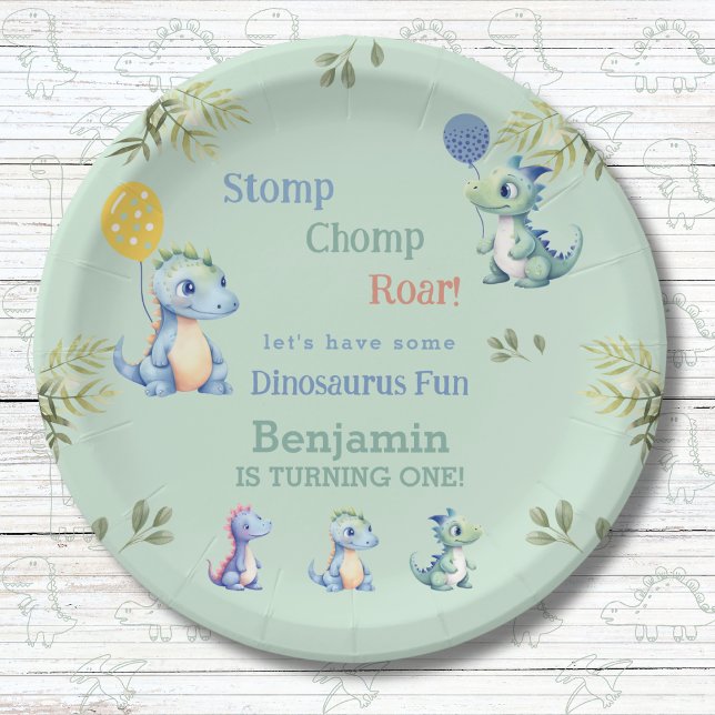 Cute Baby Boy Dinosaur 1st Birthday Party Paper Plate (Creator Uploaded)